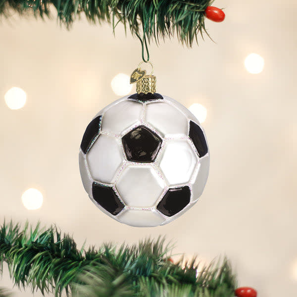 Glass soccer ball ornament with silver interior and hand-painted colorful lacquers.