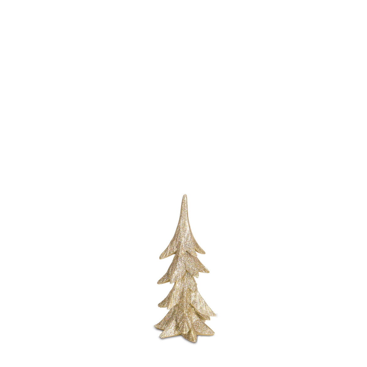 Small gold glitter-covered decorative Christmas tree figurine standing on a white background.