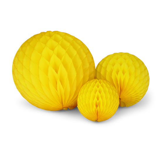 Honeycomb ball trio decoration in bright yellow paper with geometric hexagonal pattern.