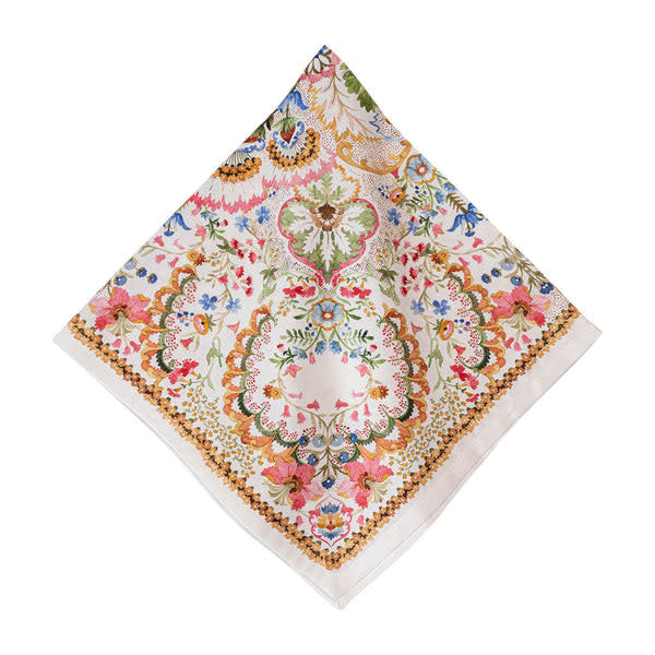Multi-colored cotton sateen linen napkin with a relaxed square shape.