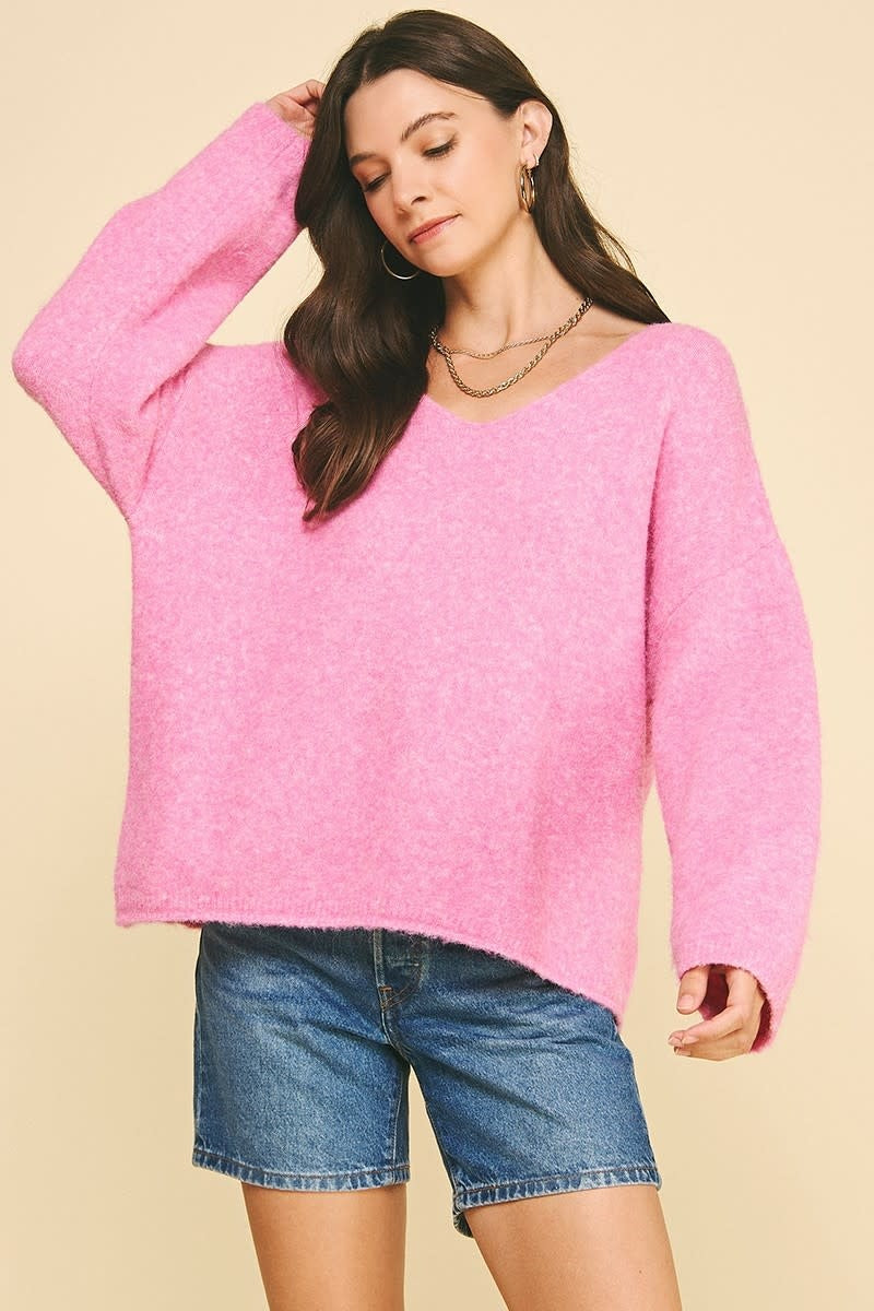 Gail Soft Yarn knit sweater in beige with V-neck, drop shoulder silhouette and relaxed comfort fit.