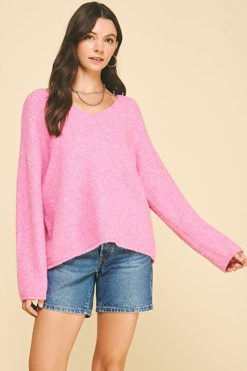Women's Gail Soft Yarn knit sweater in light beige with a V-neck and relaxed drop shoulder silhouette.