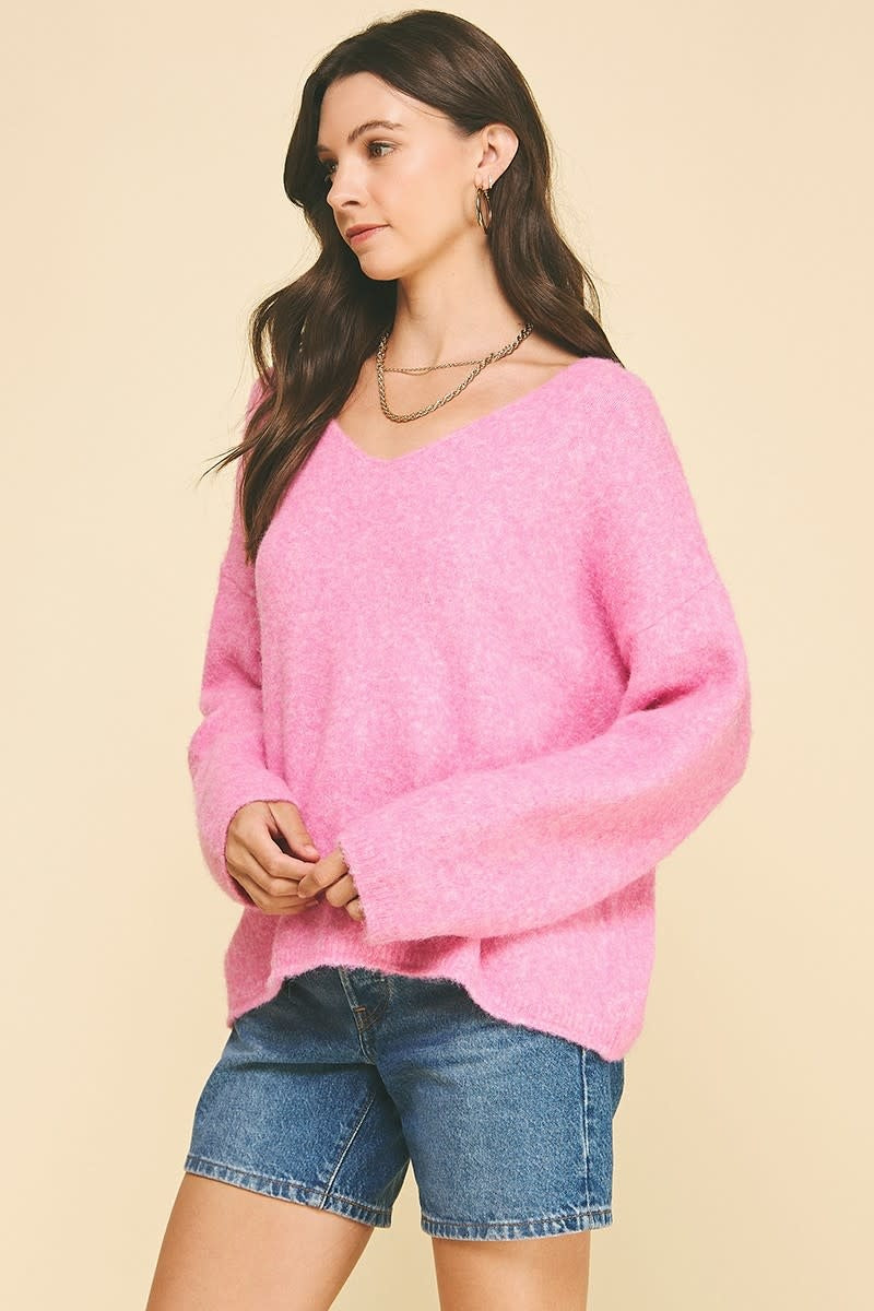 Women's Gail Soft Yarn knit sweater in beige with v-neck, drop shoulder silhouette and relaxed comfort fit.