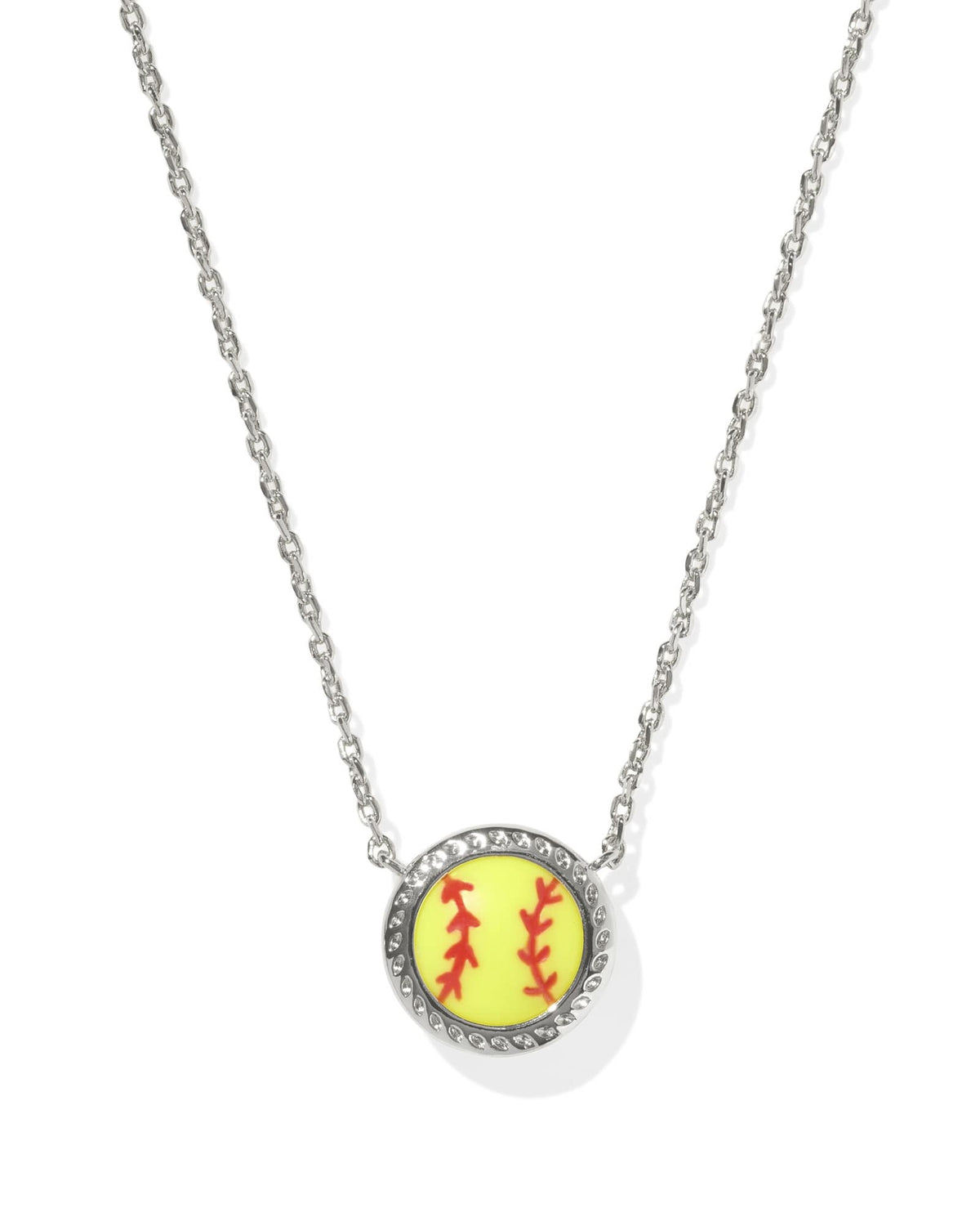 Silver softball short pendant necklace featuring a chartreuse magnesite stone on an adjustable chain.