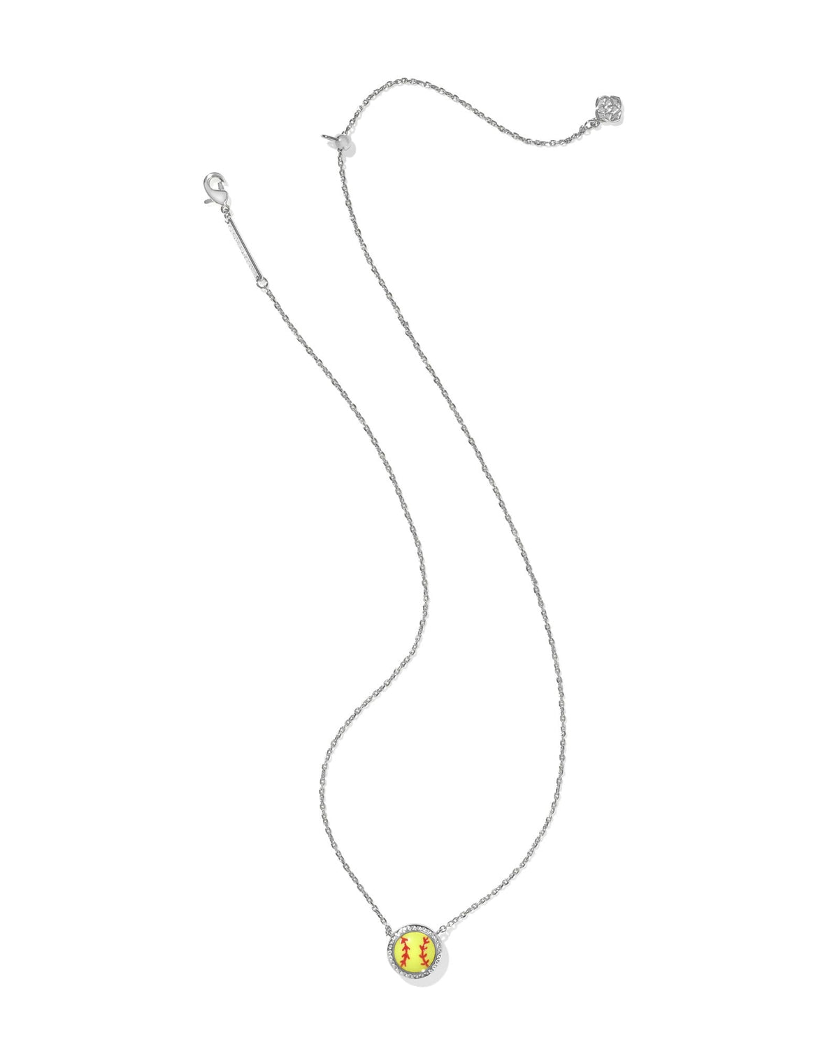 Silver rhodium pendant necklace with a chartreuse magnesite stone on an adjustable chain.