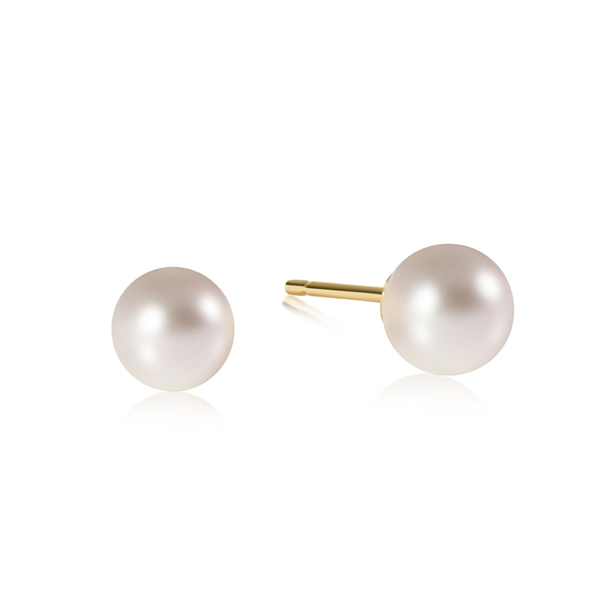 Pair of classic 8mm white pearl ball stud earrings with gold posts.