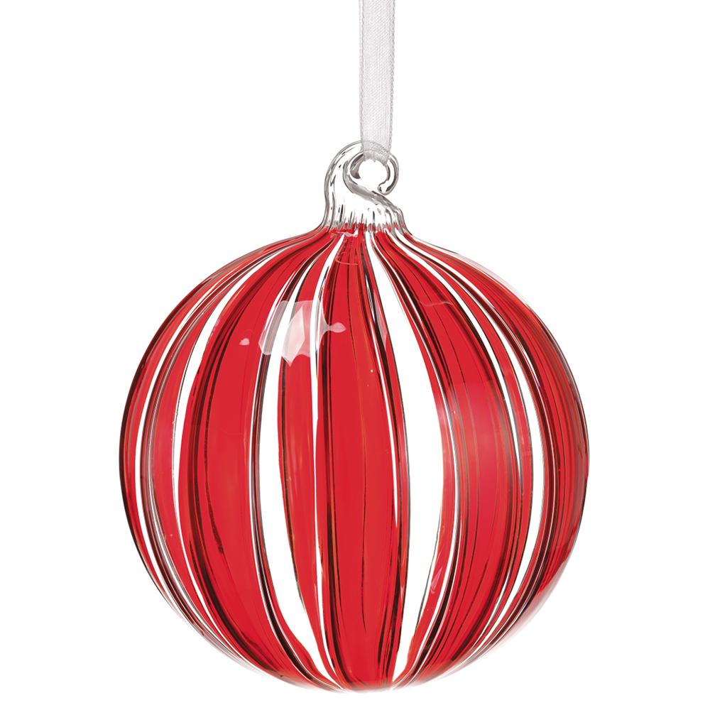 4-inch glass ball Christmas ornament with vertical red and clear stripes and a white hanging ribbon.