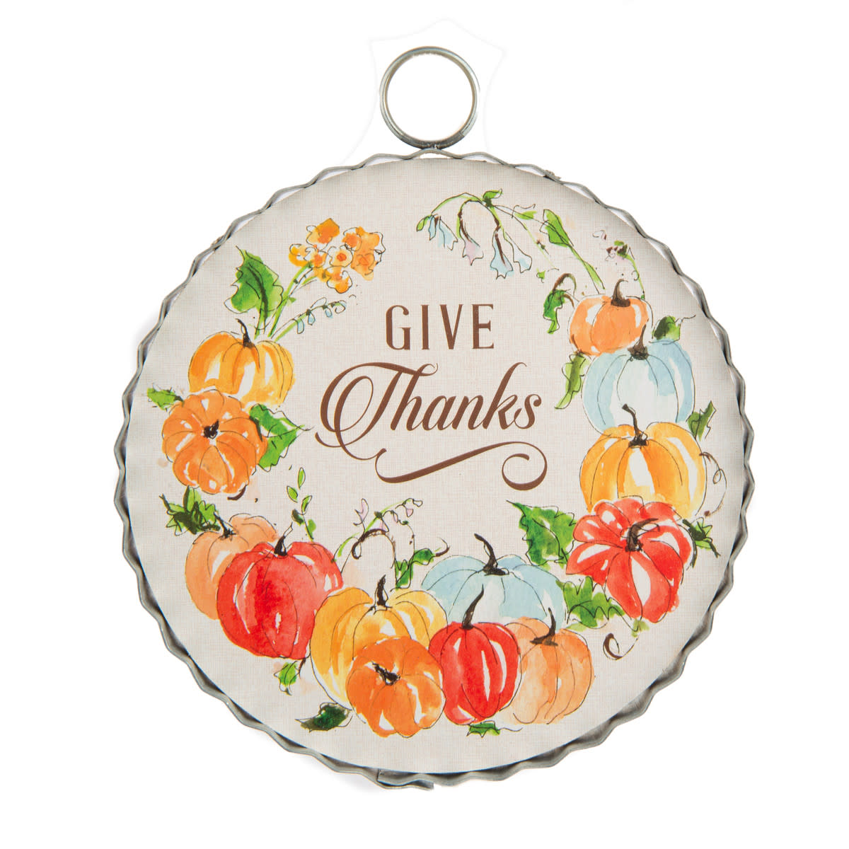 Round metal wall charm featuring a watercolor pumpkin wreath and the words "Give Thanks."