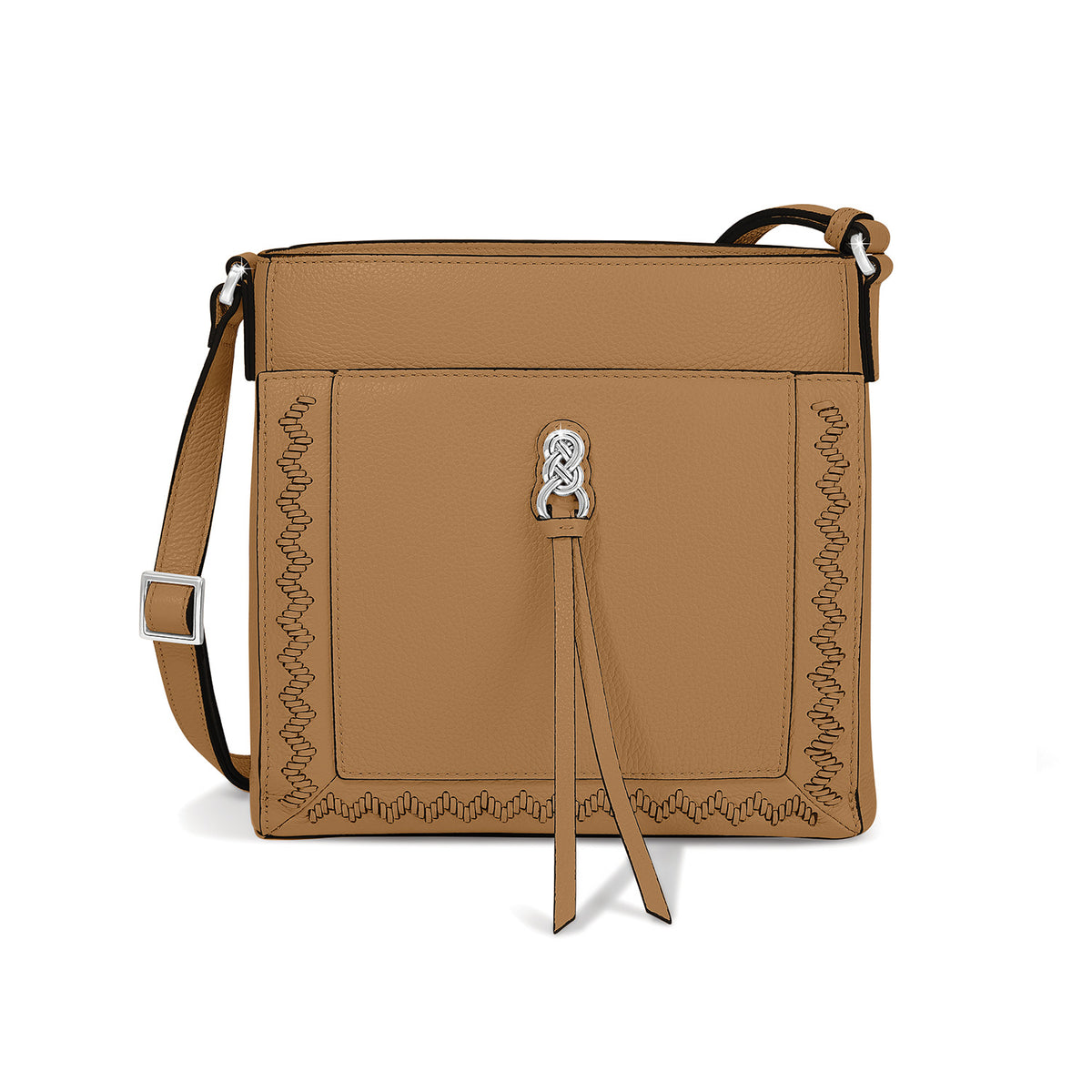 Astrid Organizer Bag in tan leather with adjustable strap, zip top closure, and multiple interior pockets.