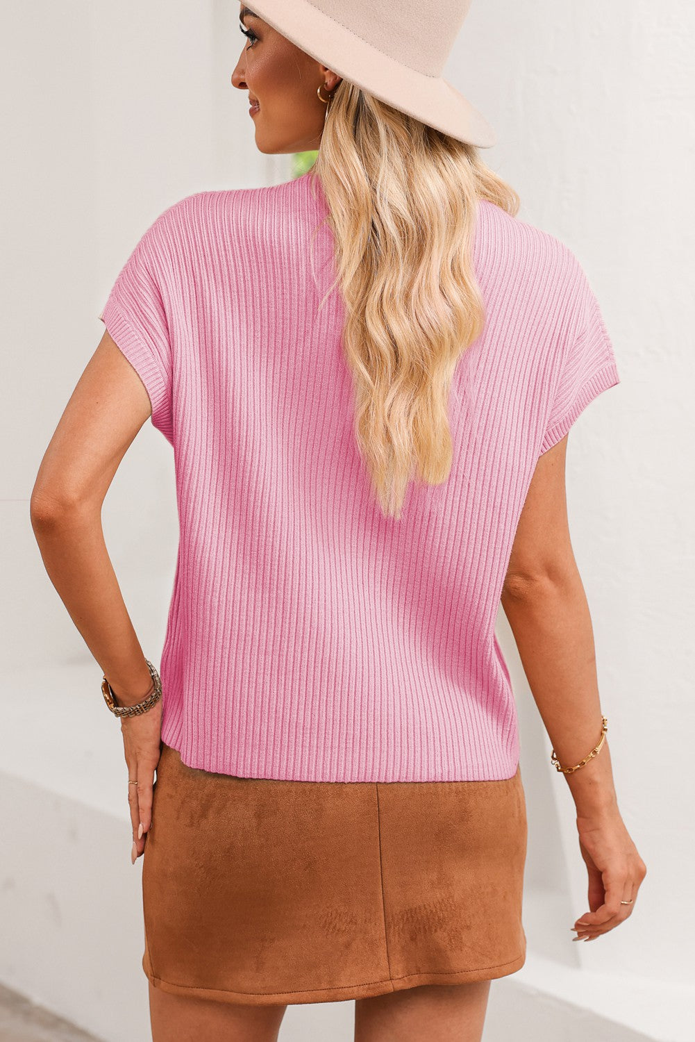 Melissa ribbed knit short sleeve sweater in patch pocket detail