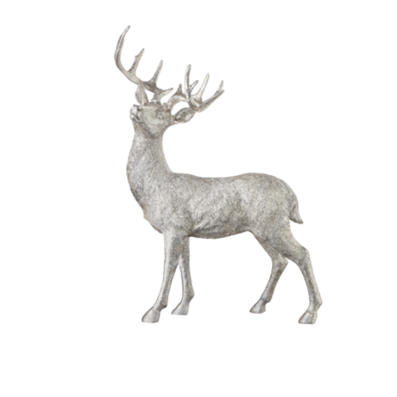 21 inch silver resin deer tabletop decoration standing with head tilted up.
