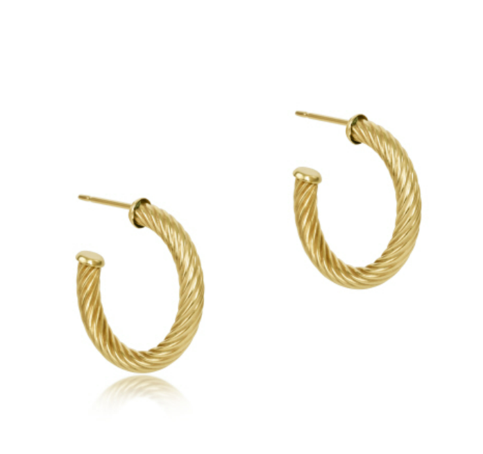 Pair of 1.125 inch round gold post hoop earrings with a 4mm textured twist design.