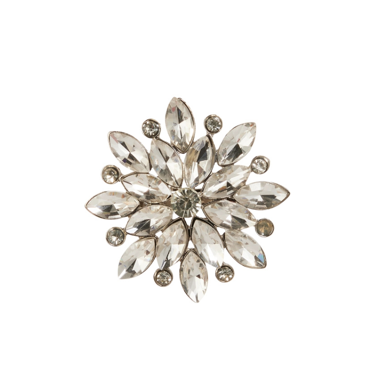 2.5-inch jewel brooch clip-on ornament with marquise and round-cut glass gems in a floral motif.
