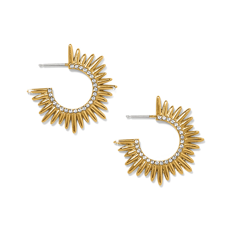 Gold plated Solara hoop earrings featuring fine quality crystals on a post with flat disc back.