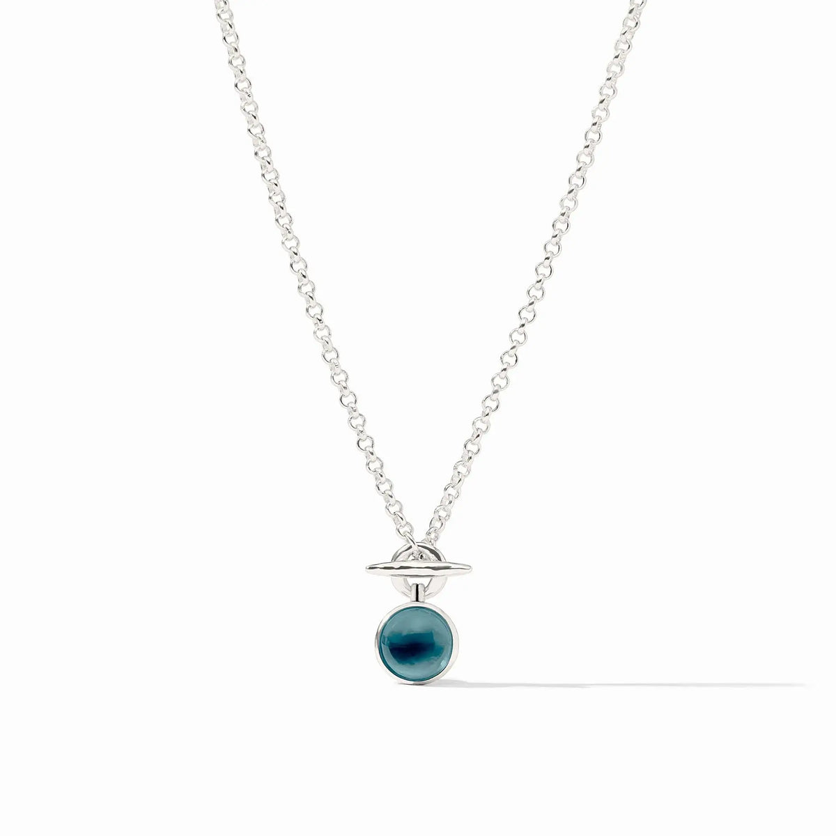 Silver iridescent Solara solitaire necklace with a single sparkling stone pendant on an imported glass chain.