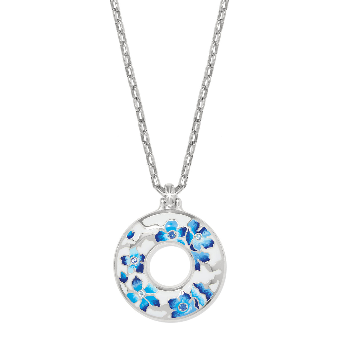 Kyoto In Bloom Indigo Ring Necklace with silver-plated chain and blue enamel floral pendant.