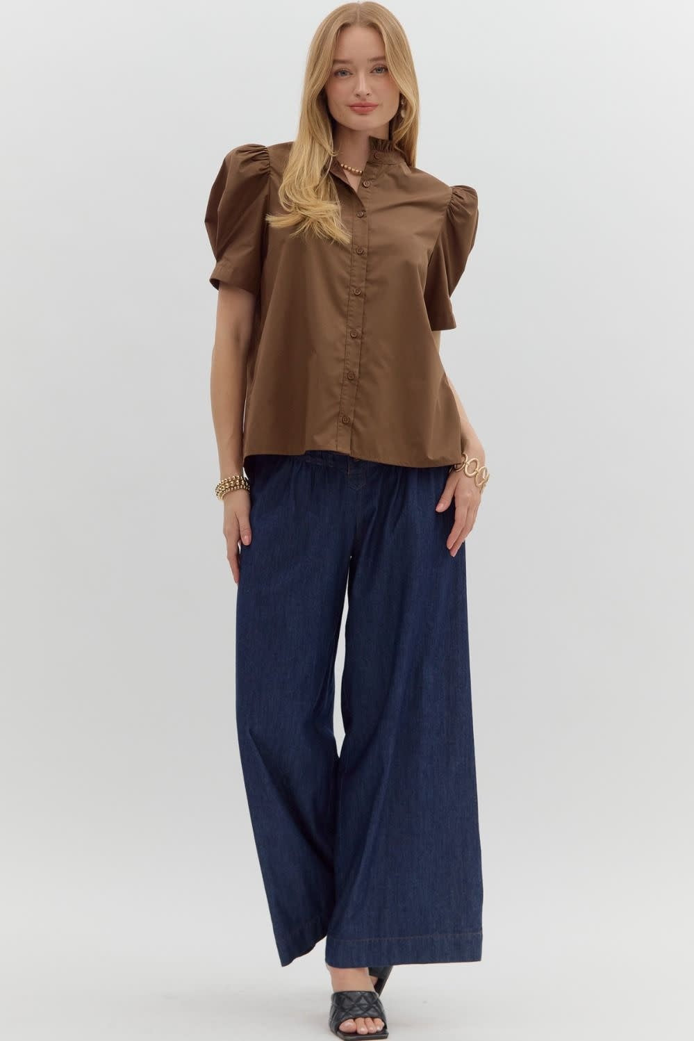 Ella Solid Puff Shoulder Short Sleeve Top