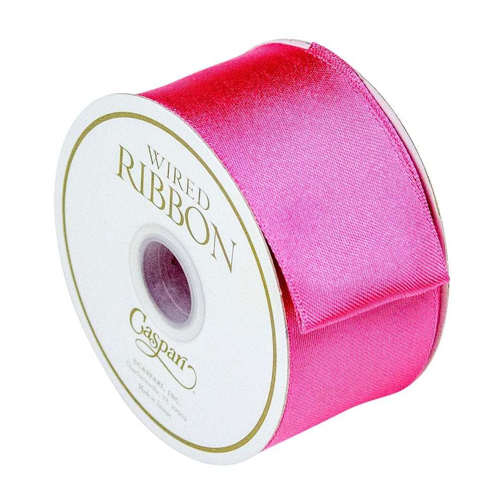 One roll of wired solid satin ribbon in bright fuchsia, measuring 1.5 inches wide.