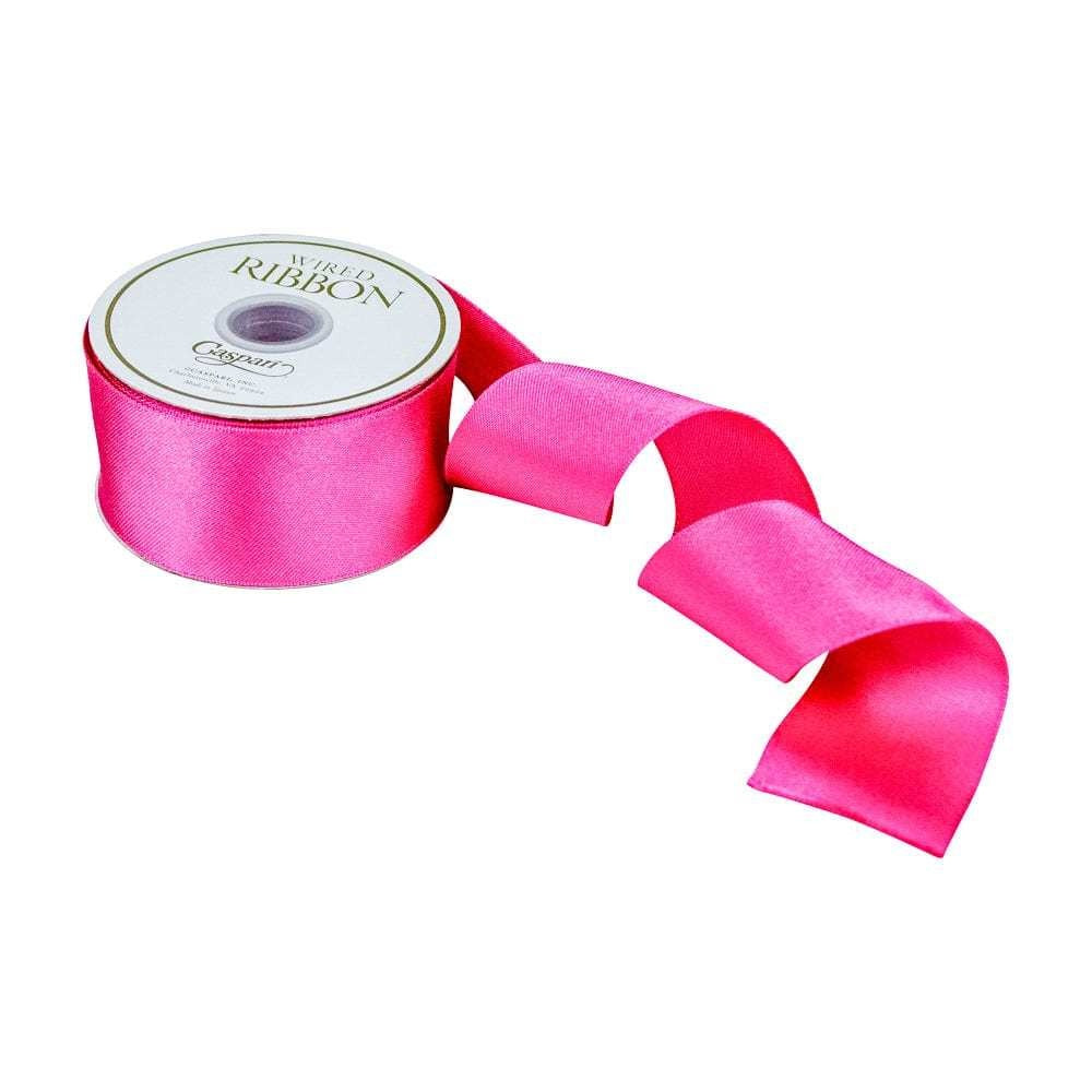 One roll of wired solid satin ribbon in bright fuchsia with a smooth finish.