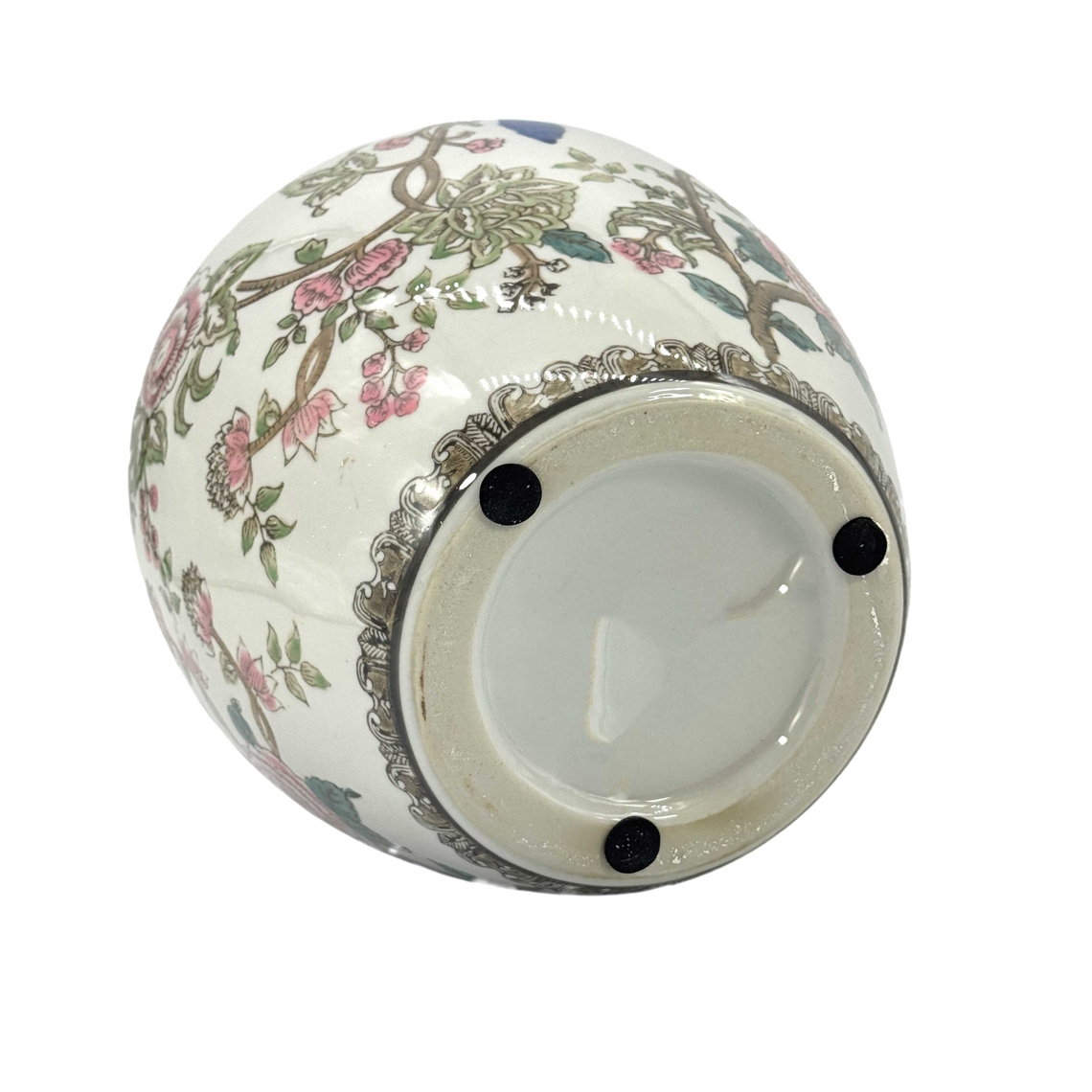 Bottom view of a 10-inch multicolor ceramic chinoiserie vase with floral patterns and felt pads.