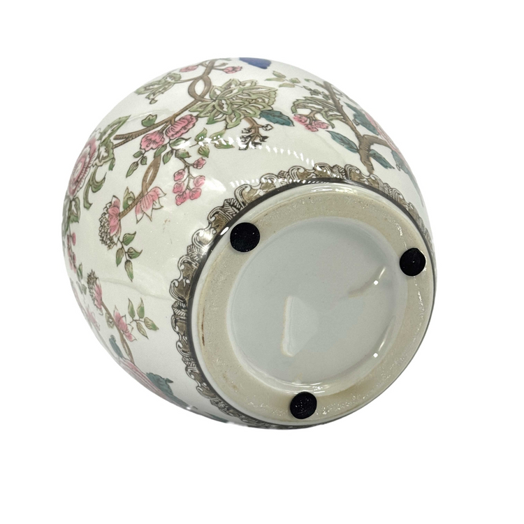 Bottom view of a 10-inch multicolor ceramic chinoiserie vase with floral patterns and felt pads.