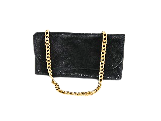 A black rhinestone mesh clutch with a chunky gold chain strap.