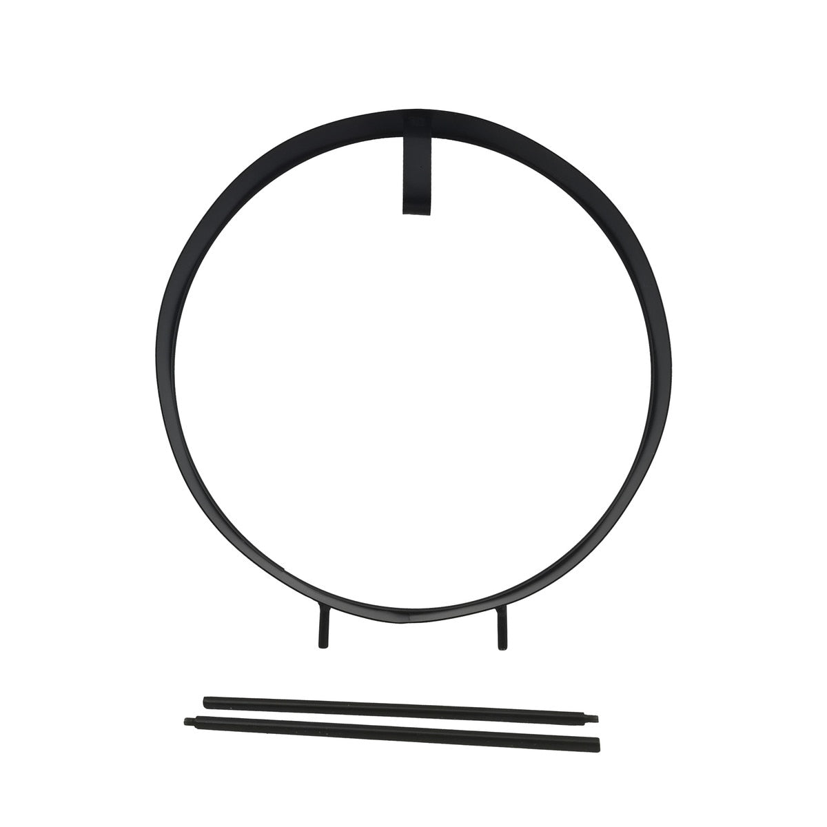 Square garden hoop art display stand in natural wood finish with metal frame.
