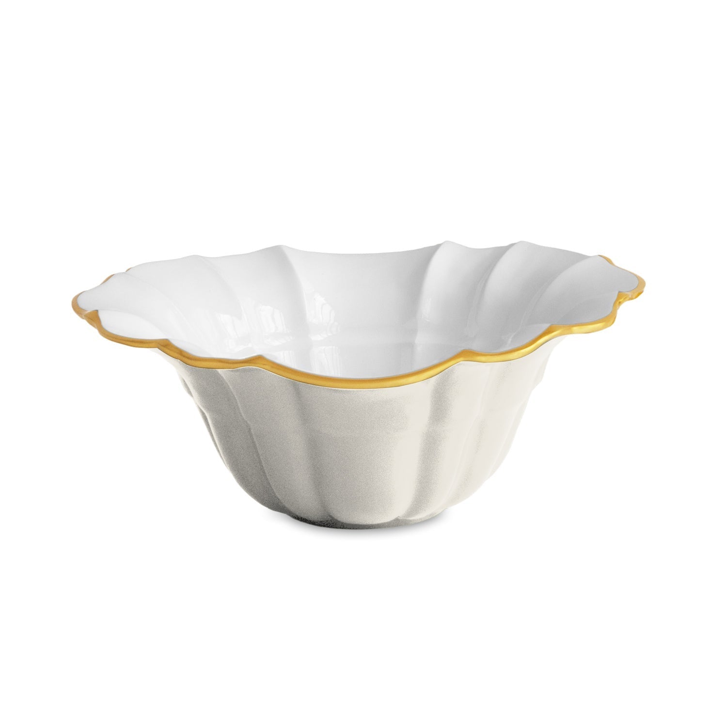 Encanto Tuscany medium bowl in cream and white with a scalloped gold-rimmed edge.