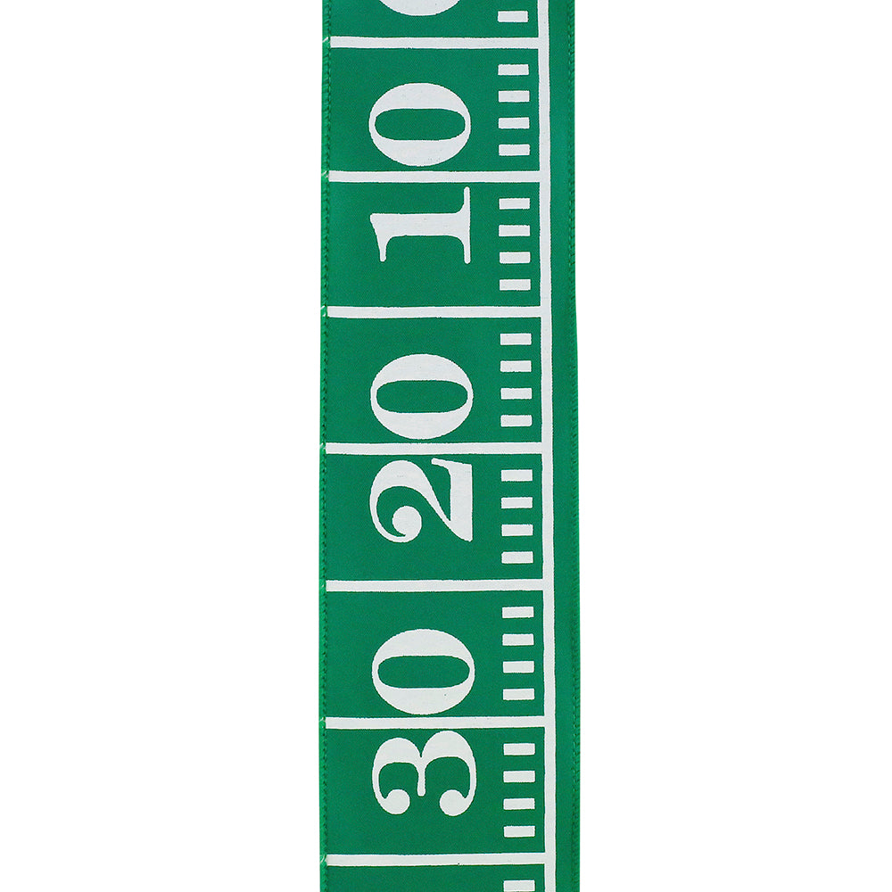 Green wired edge ribbon with white football field yard line markings and numbers 10, 20, and 30.