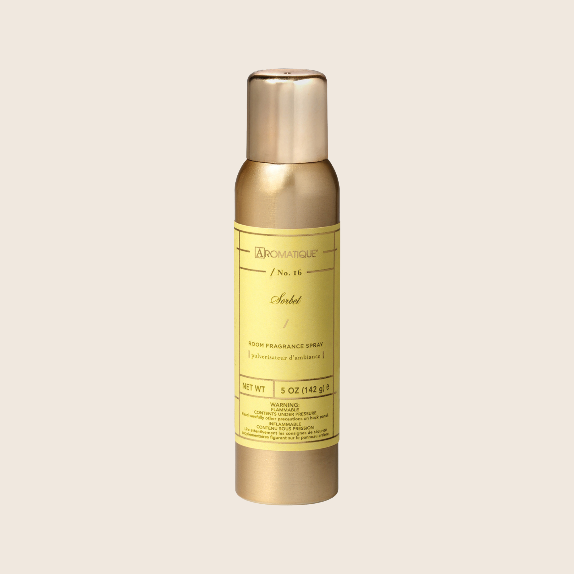White aerosol room spray can with Sorbet label featuring lemon, lime, peach and floral notes.