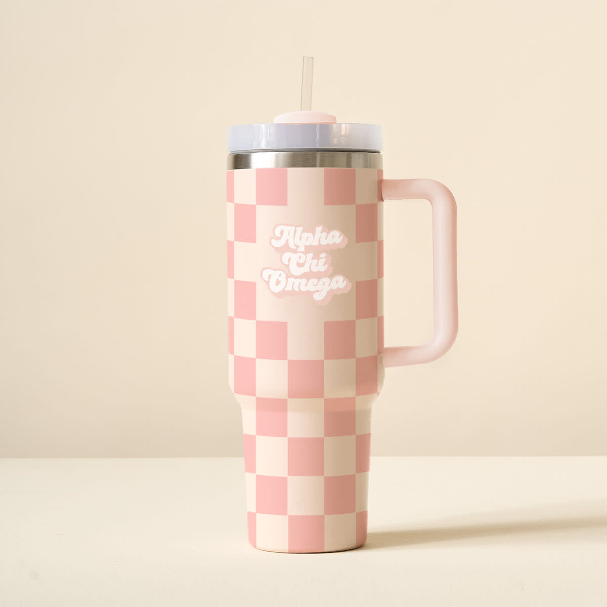 40 oz Sorority tumbler with check pattern, reusable straw lid, and handle