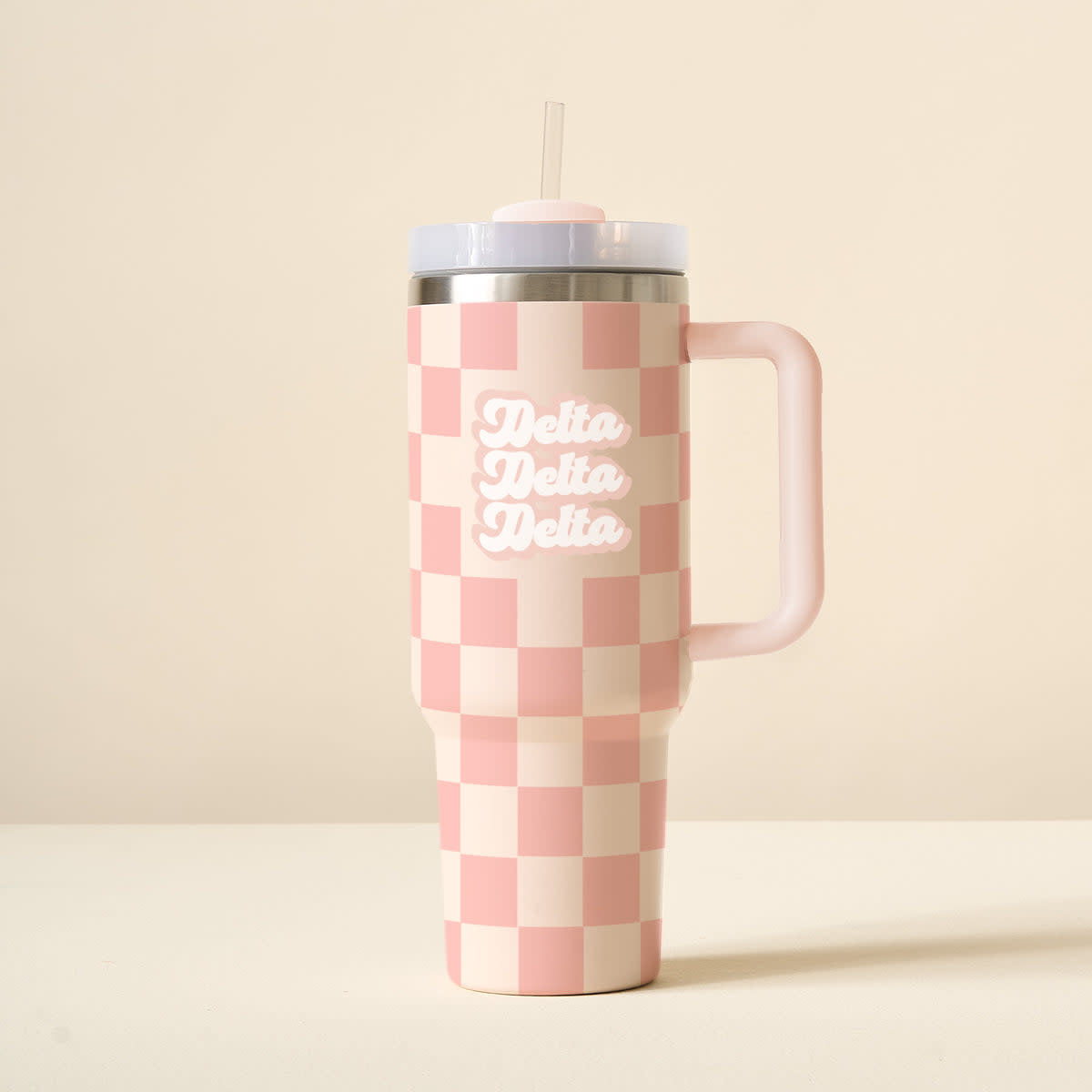 Delta Delta sorority tumbler with check pattern in navy blue featuring a handle and lid.