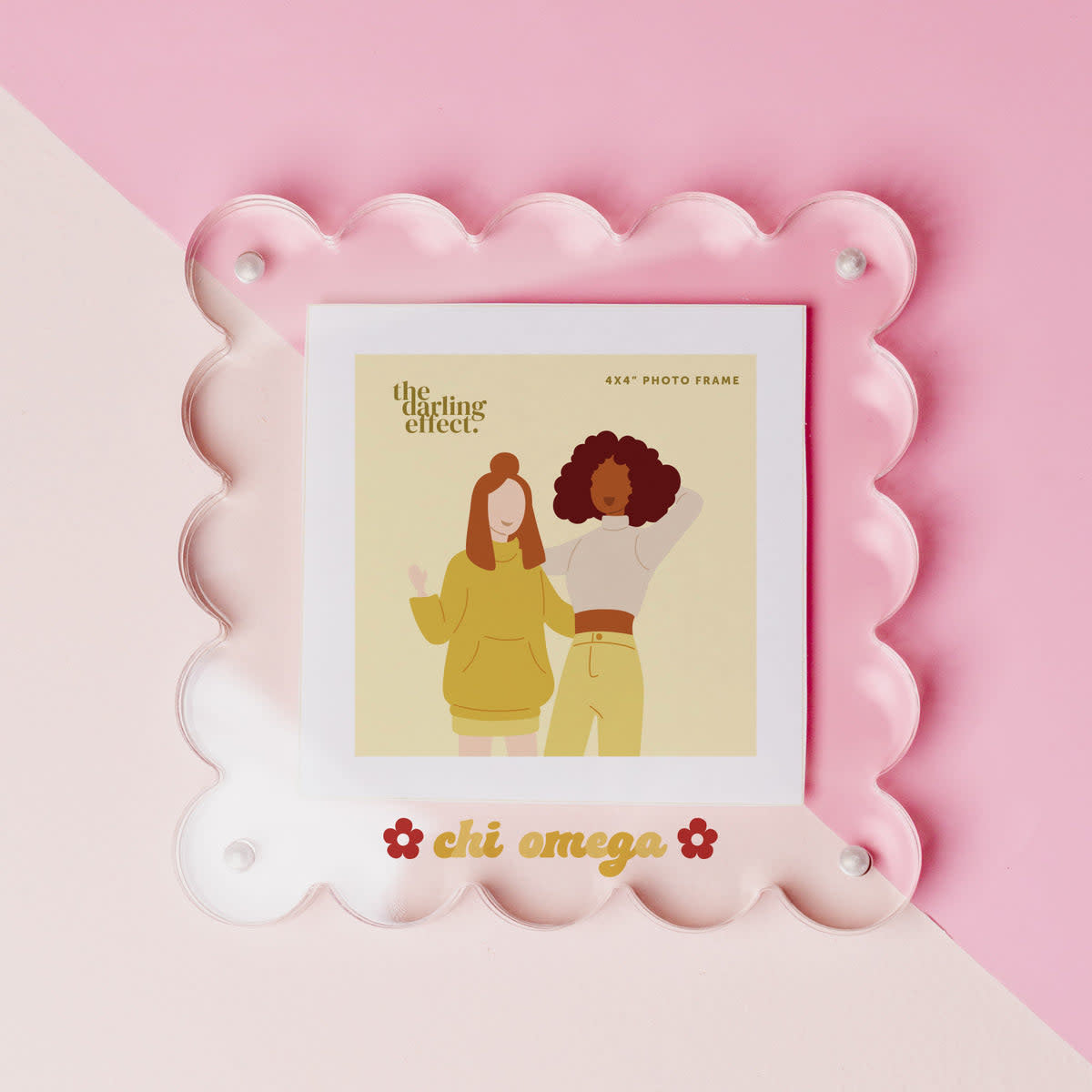 Clear acrylic square frame with sorority Chi Omega logo