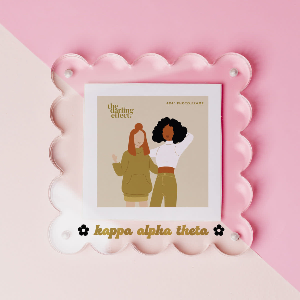 Clear acrylic square frame holding a photo with Kappa Alpha Theta sorority crest.