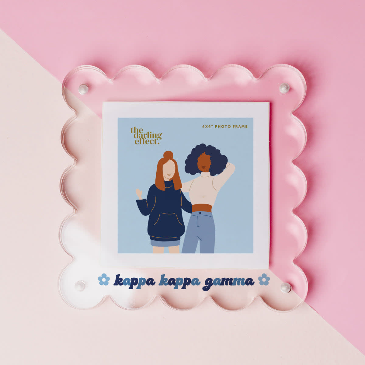 Clear acrylic square frame with sorority Greek letters on a white background.