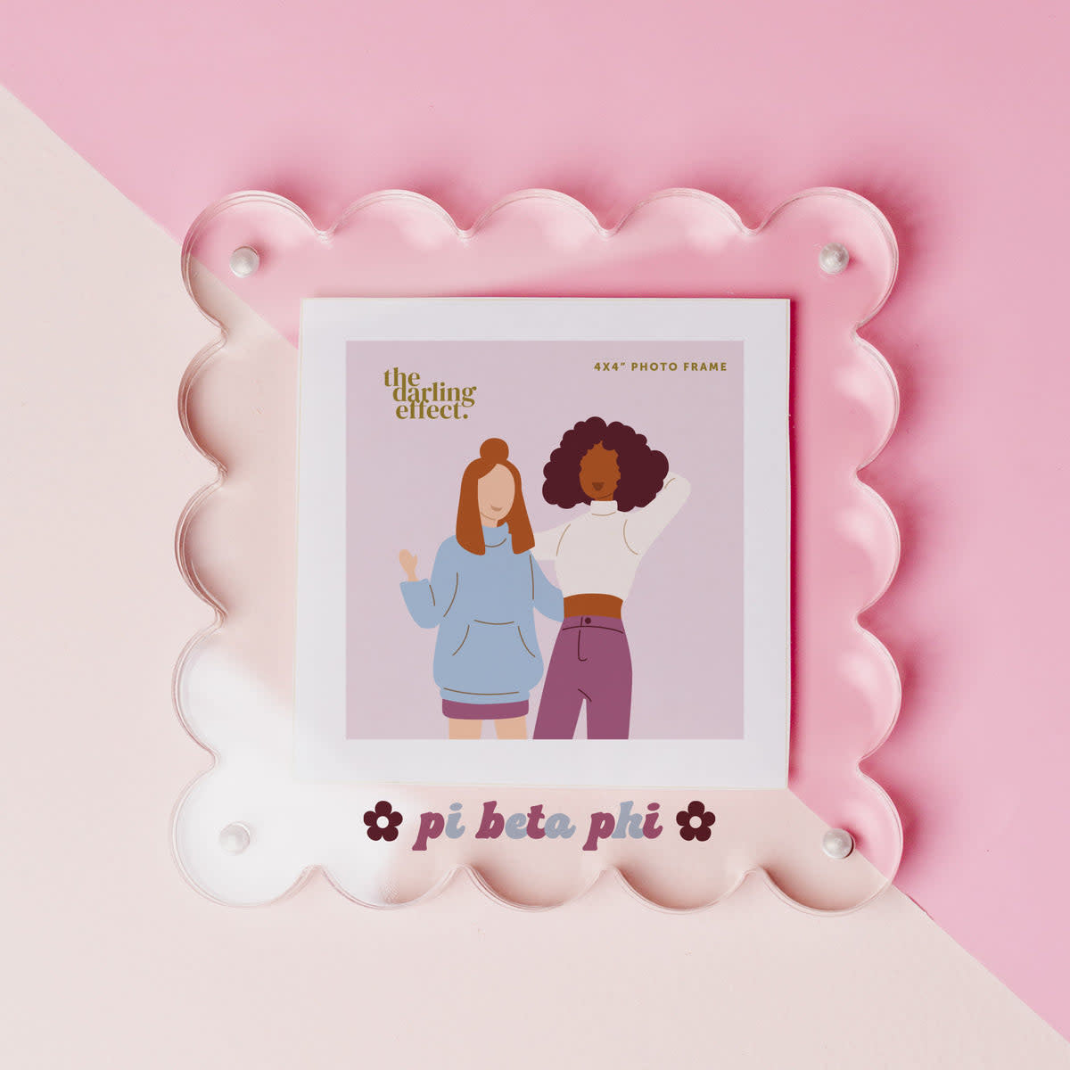 Clear acrylic square frame with sorority Pi Beta Phi logo.
