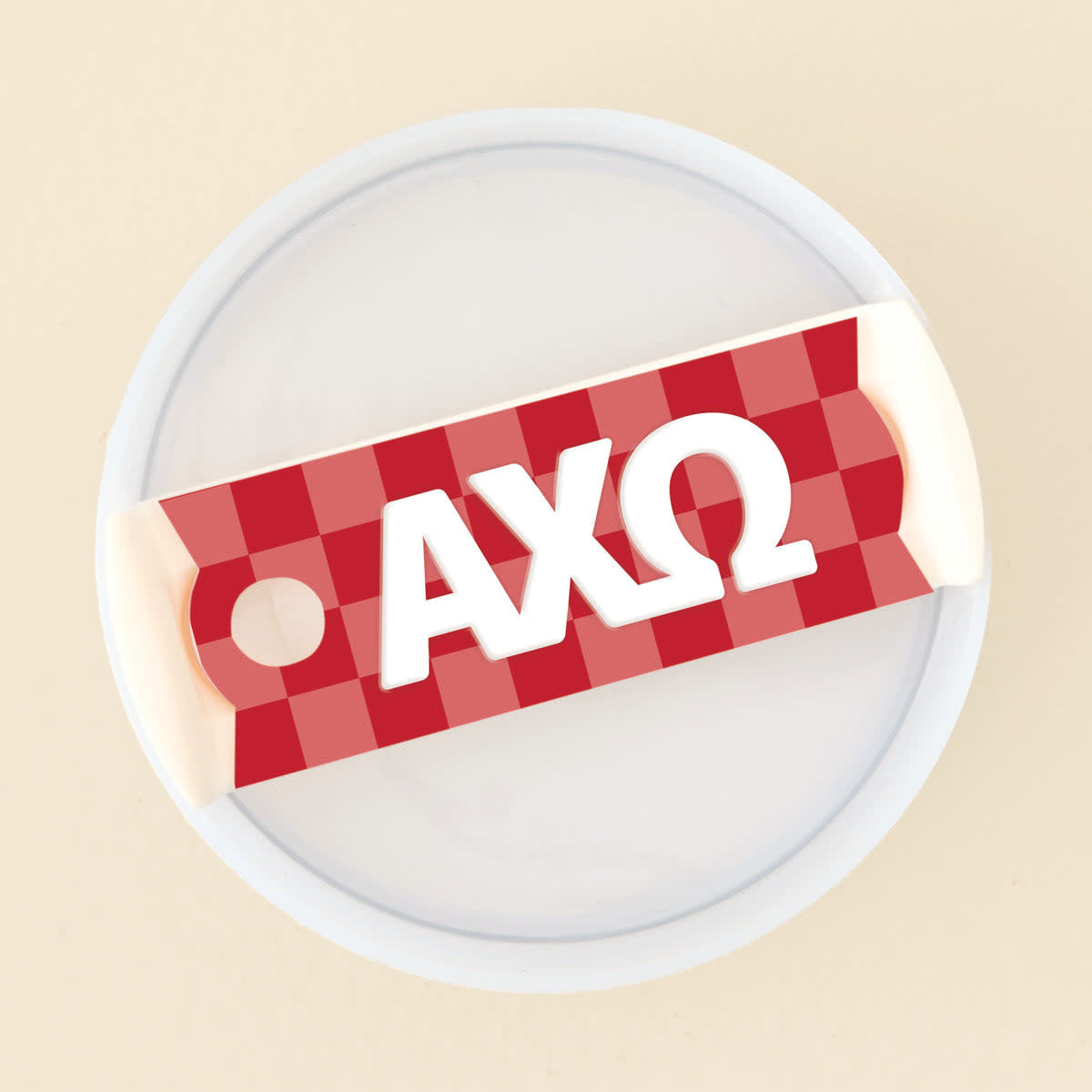 Acrylic tumbler lid tag featuring Alpha Chi Omega sorority name in black text with gold emblem on white background.