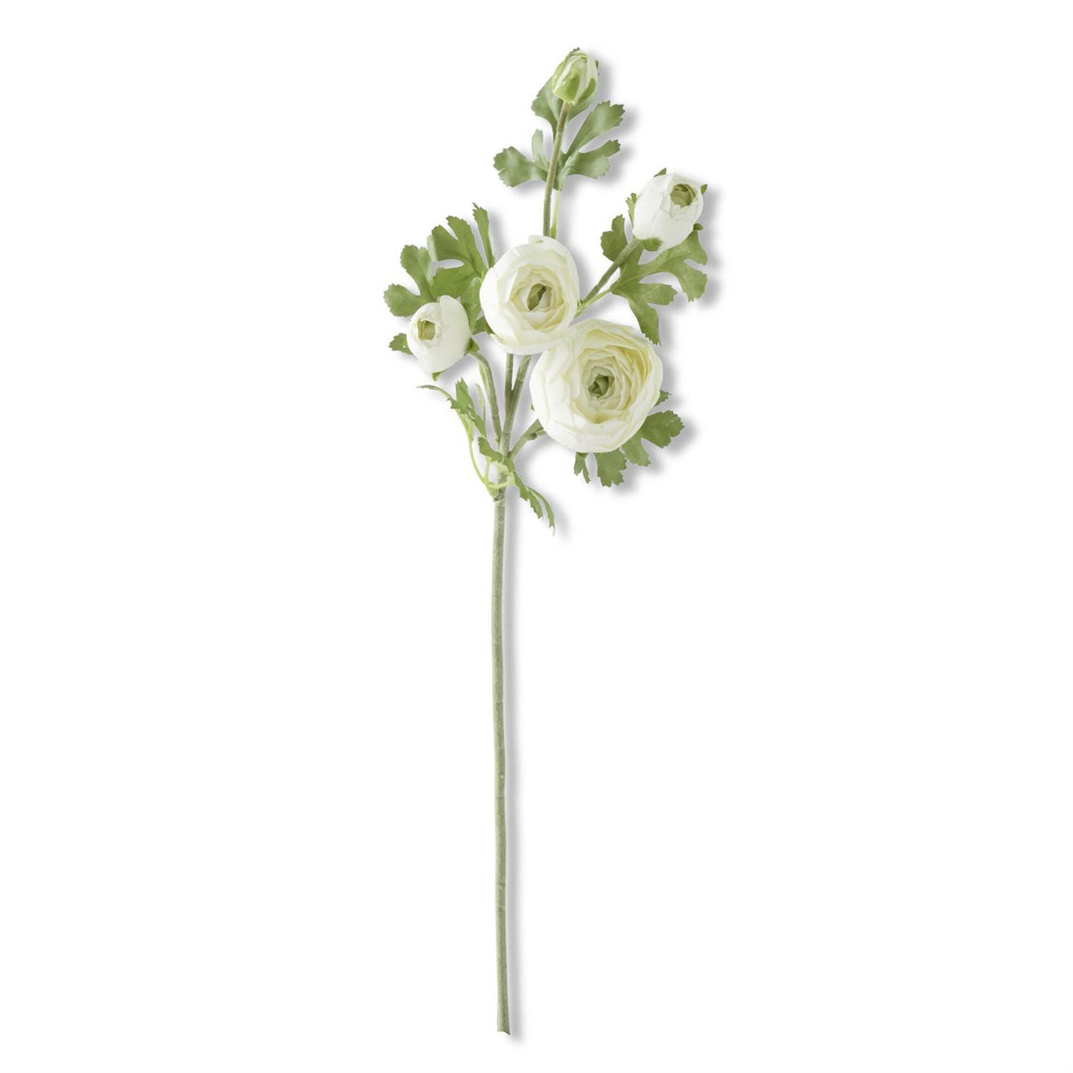 Artificial ranunculus flower head with realistic petals on a stem.