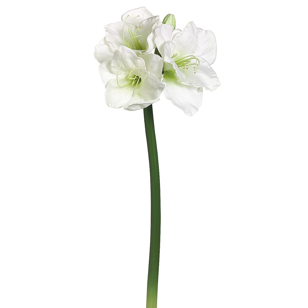 Artificial white Amaryllis spray with polyester petals on a wire stem.