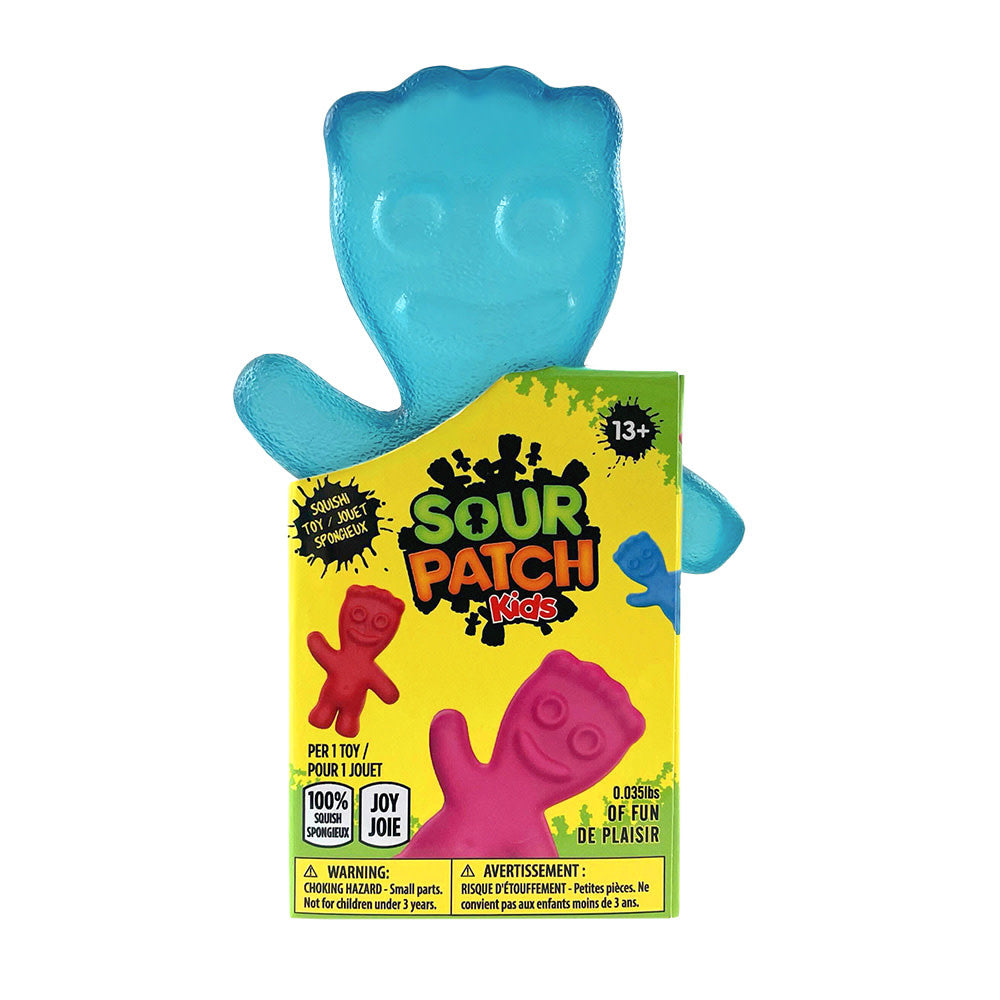 Blue translucent squishy toy shaped like a Sour Patch Kids jelly candy with smooth surface texture.