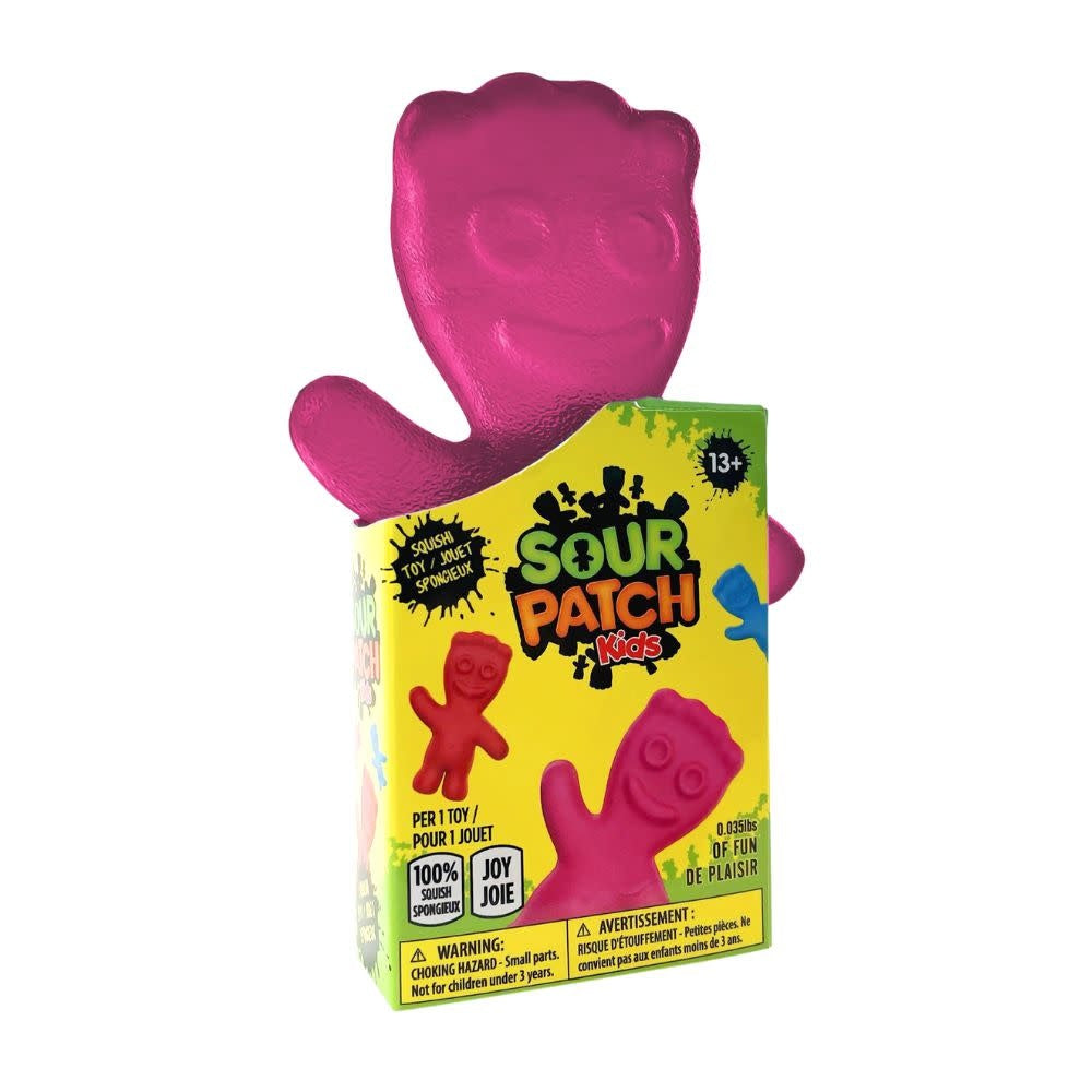 Hot pink translucent squishy toy shaped like a Sour Patch Kids gummy candy with jelly texture details.