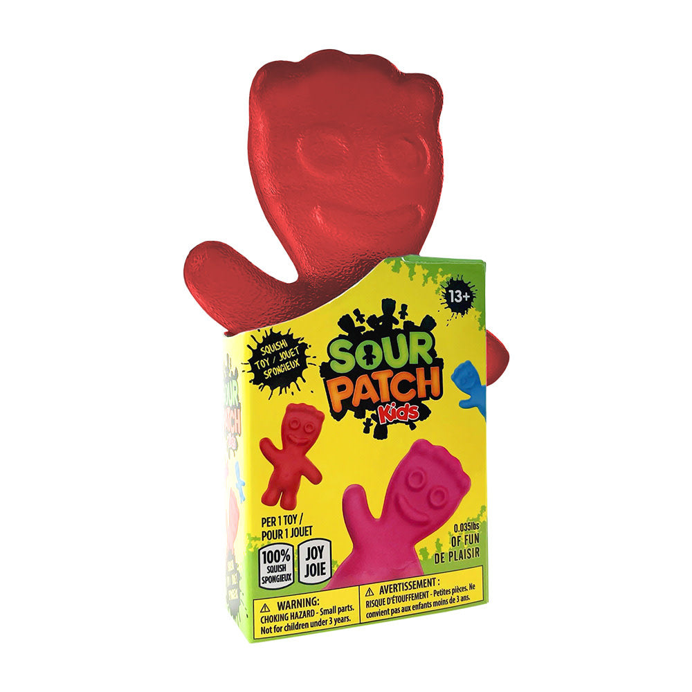 Red translucent squishy toy shaped like a Sour Patch Kids gummy candy.