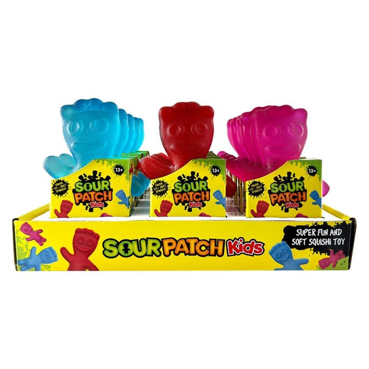 Translucent Sour Patch Kids squishy toy shaped like a jelly candy with colorful fruit patterns.