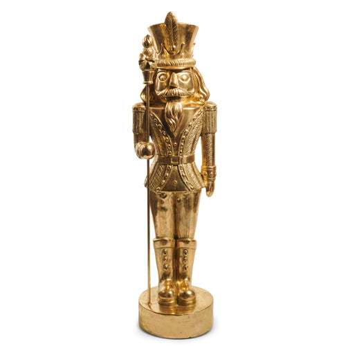 48.5-inch gold resin nutcracker statue holding a staff on a circular base.