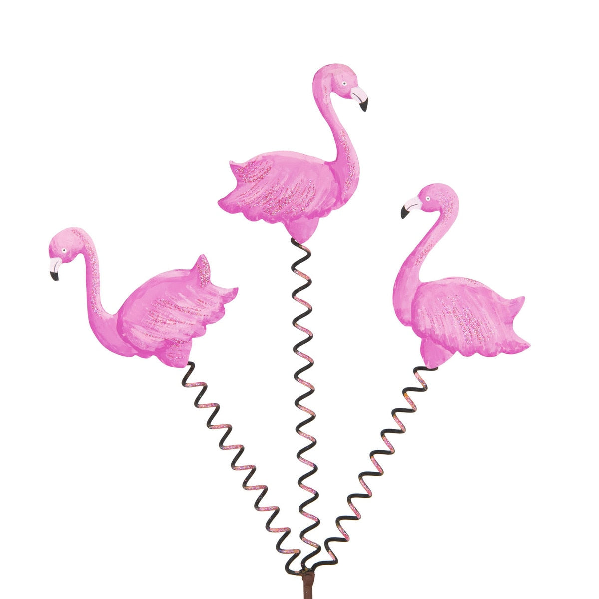 Flamingo Trio Stake: a decorative garden stake featuring three pink flamingos on white stems.