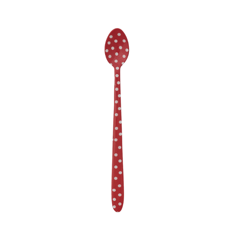 Red enameled stainless steel cocktail spoon with white polka dots.