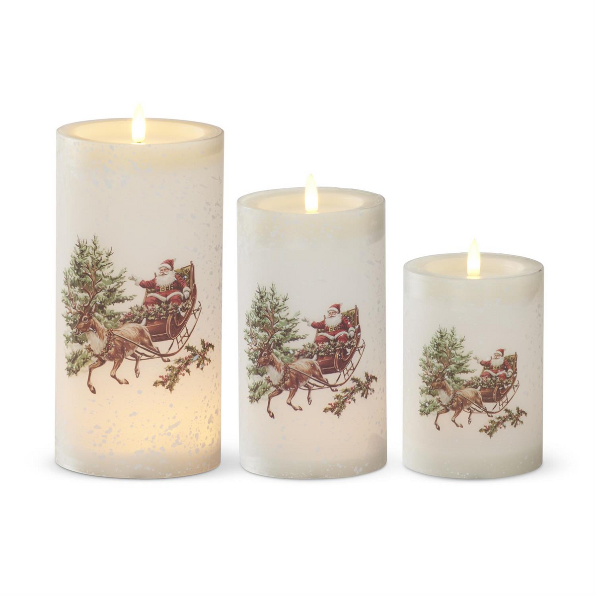Set of three white glass LED pillar candles featuring a vintage Santa and reindeer winter scene.
