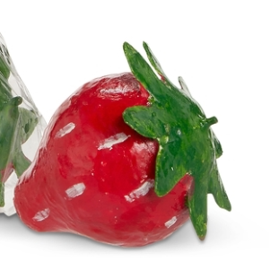 Handcrafted red paper mache strawberry with green leaves and white seed details.