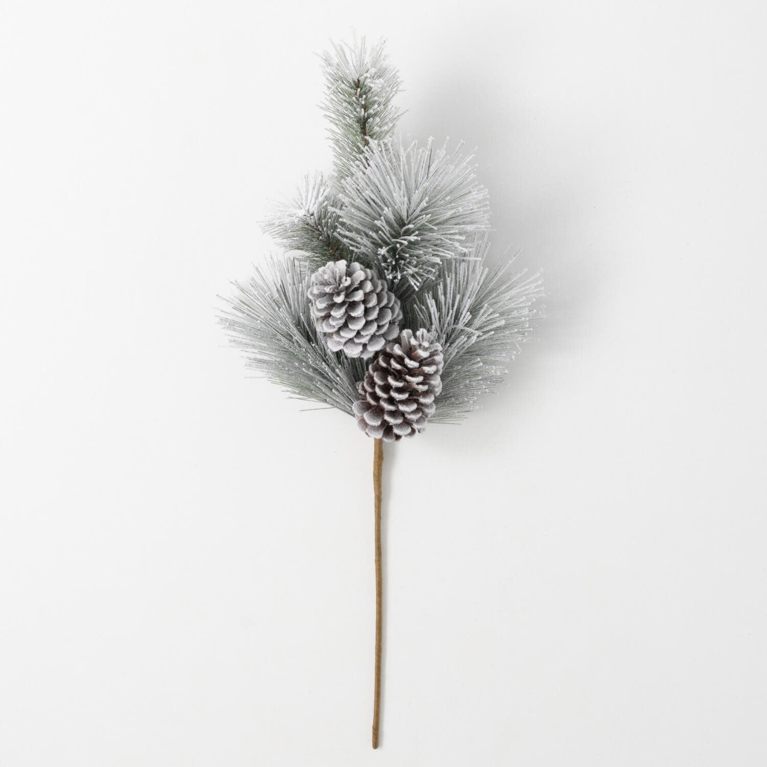 Green flocked pine spray with faux snow-dusted cones