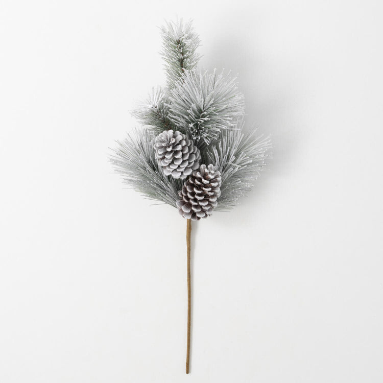 Green flocked pine spray with faux snow-dusted cones